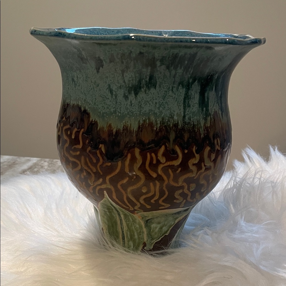 Handcrafted Ceramic Vase with Green and Brown Glaze